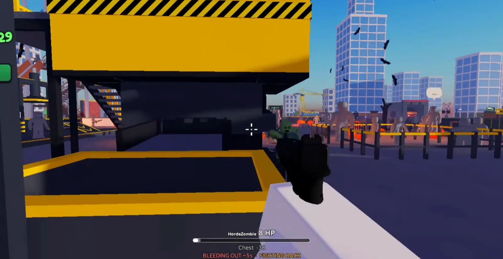 Ragdoll Reality first person aims a black pistol at a green HordeZombie beside yellow hazard stripes with urban buildings and birds in the sky.