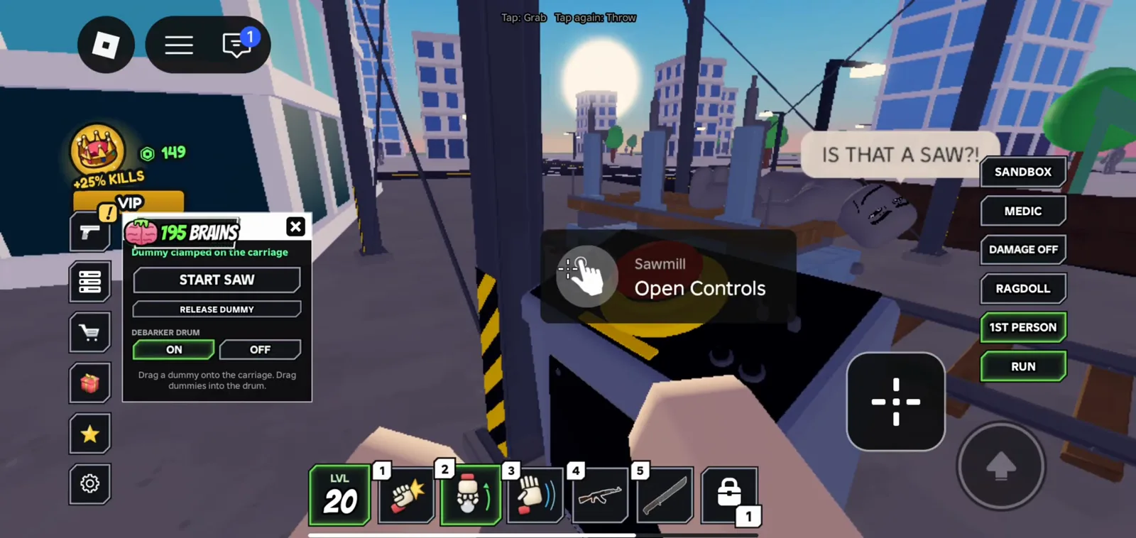 Ragdoll Reality mobile gameplay at the Sawmill shows a hand prompt to open controls beside START SAW and debarker toggles while the SANDBOX sidebar stack remains on the right.