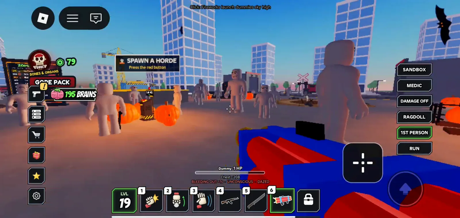 Ragdoll Reality first-person view at dusk with a blue and red toy launcher raised toward a crowd of tan dummies standing among glowing pumpkins beneath a spawn a horde press the red button banner.