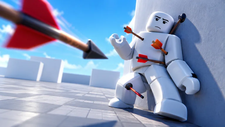Official Ragdoll Reality promo art: a white blocky dummy slumped against a wall with arrows stuck in its body while another arrow flies toward the camera