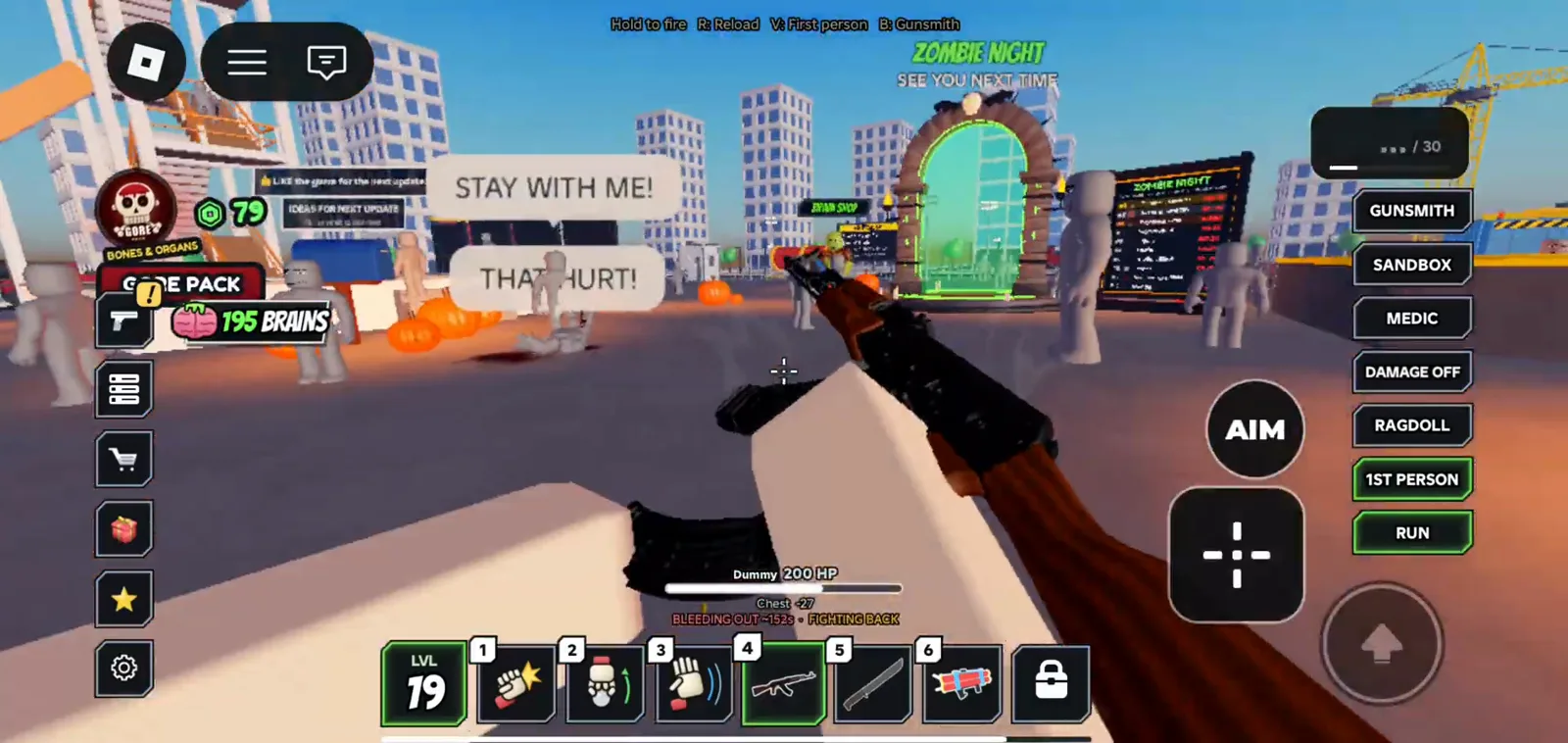 Ragdoll Reality mobile rifle view keeps the six-slot hotbar and GUNSMITH sidebar visible beside the green Zombie Night portal signage in the city plaza.