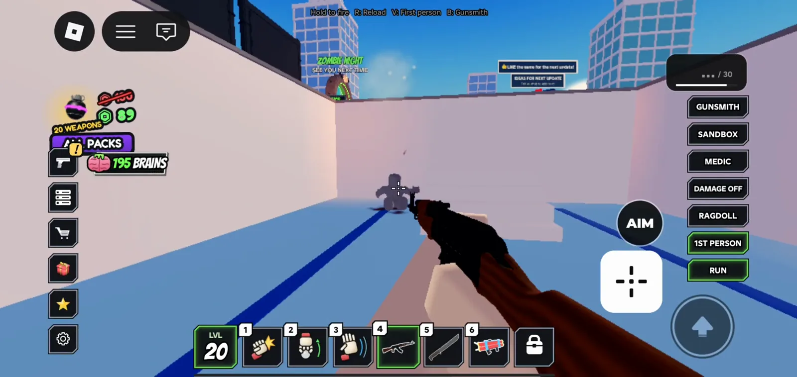 Ragdoll Reality gun range mobile view lists twenty weapons unlocked, shows GUNSMITH in the sidebar, and displays the top hint Hold to fire with B Gunsmith while aiming a rifle at a lane dummy.